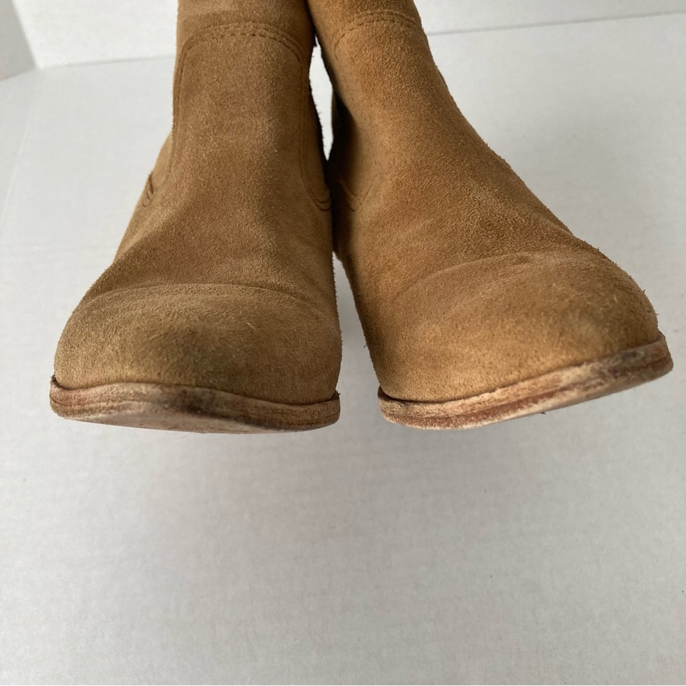 Madewell Tan Suede Pointed Toe Western Ankle Boots Stacked Block Heel Side Zip - Picture 5 of 10